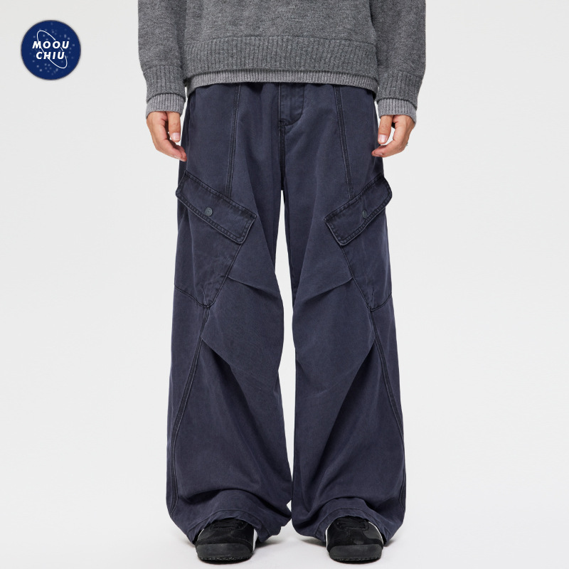 Men's Clothing | Trendy American Style Deconstructed Multi-Pocket Washed Cargo Pants Loose Straight Full Cotton Wide-Leg Trousers