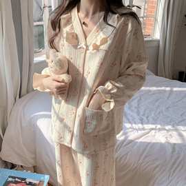 实拍2024秋冬睡衣女长袖加厚保暖夹层棉家居服外穿开衫长裤套装
