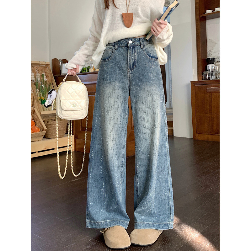 American Retro Rhinestone Low-Waist Jeans for Women, Autumn 2026 New Design, Loose Straight Wide-Leg Pants
