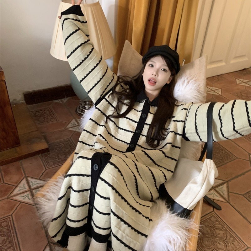 实拍~慵懒风日系复古毛衣开衫秋冬新款宽松长款过膝连衣裙女89533|undefined