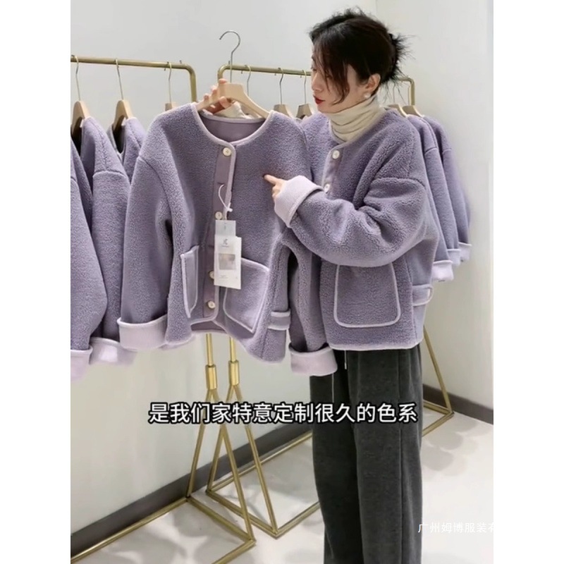 秋冬加厚保暖拼接撞色棉服外套奶fufu毛茸茸羊羔绒连帽卫衣开衫女