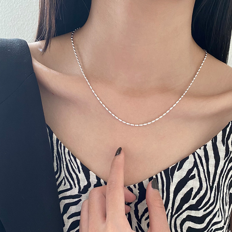 S925纯银米粒橄榄珠项链女素链个性简约叠戴高级感小众圆珠锁骨链