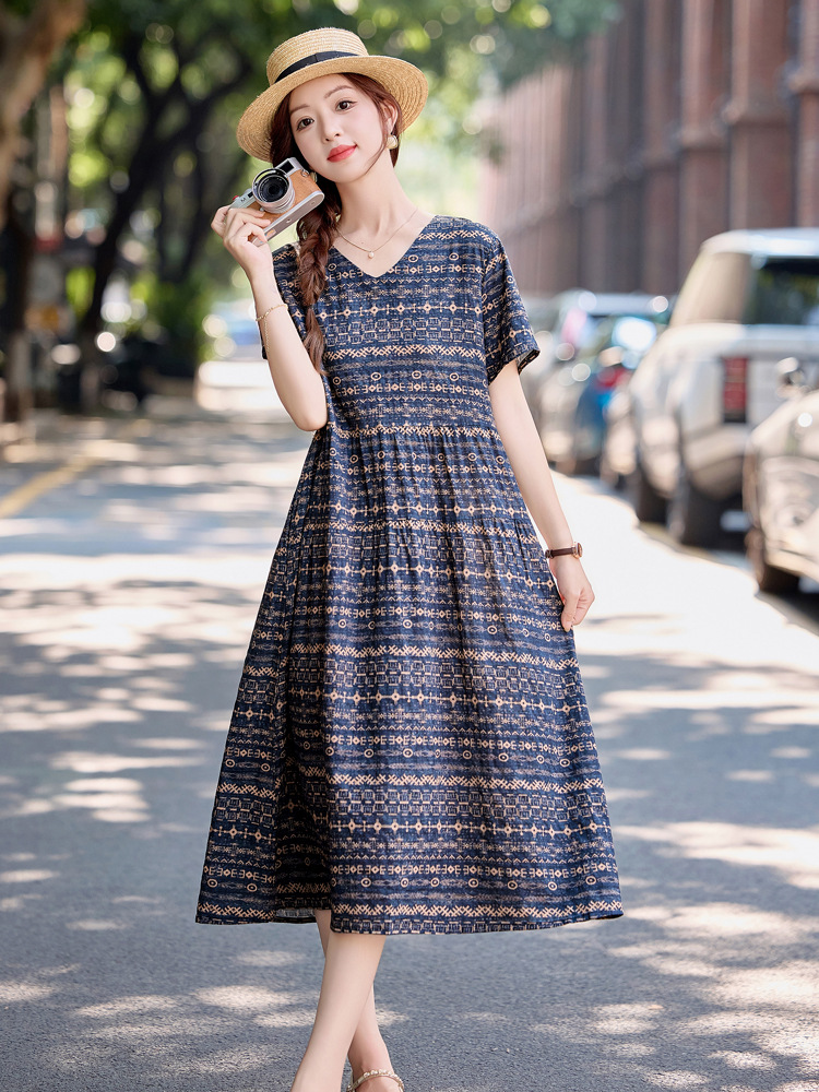 Đầm maxi nữ cotton linen in họa tiết thắt eo 2025 — Màu ảnh 03, Màu ảnh 04, Màu ảnh 01, Màu ảnh 02