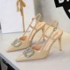312-K202 stylish high-heeled shoes with rhinestone V-buckle decoration, pointed shallow mouth straight buckle strap, single shoe for women
