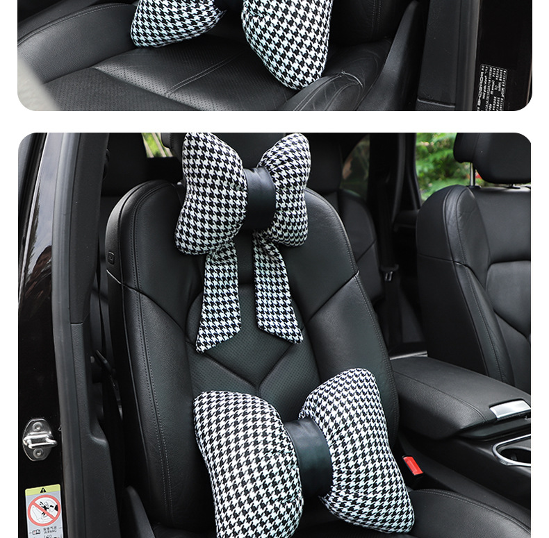 Bow Ribbon Car Headrest Fashion Houndstooth Car Neck Pillow Pillow Four Seasons Universal Car Waist