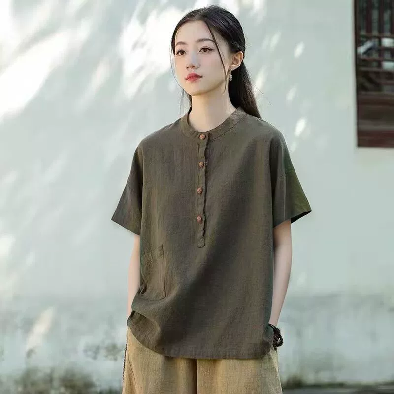 Женская хлопчатобумажная льняная рубашка с коротким рукавом, ретро-стиль, на пуговицах, лето 2025, свободного кроя, тонкая, повседневная, льняной пуловер