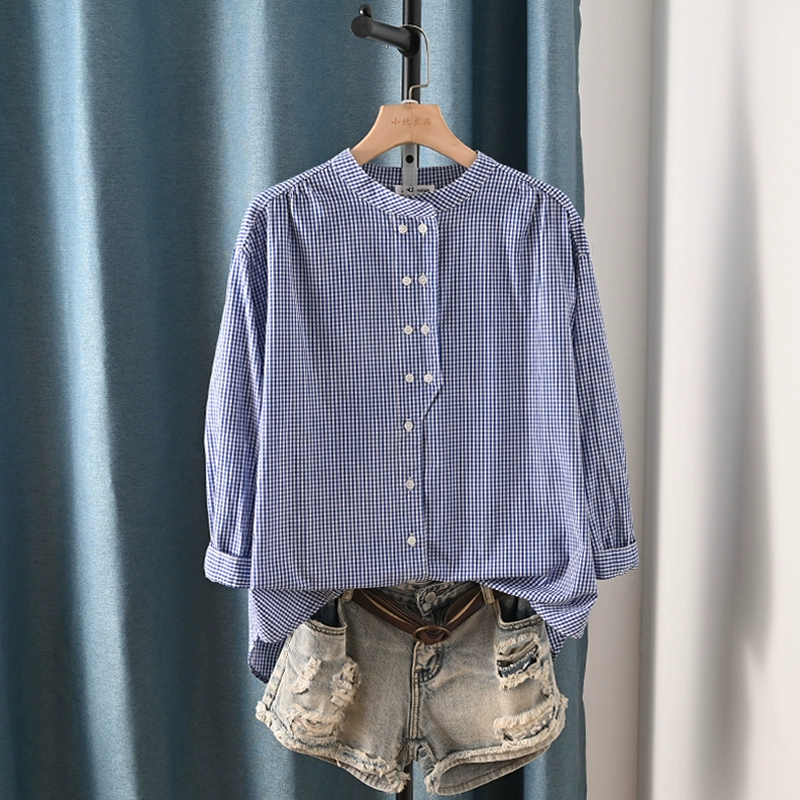 Корейская версия двухбортная хлопчатобумажная клетчатая рубашка с воротником