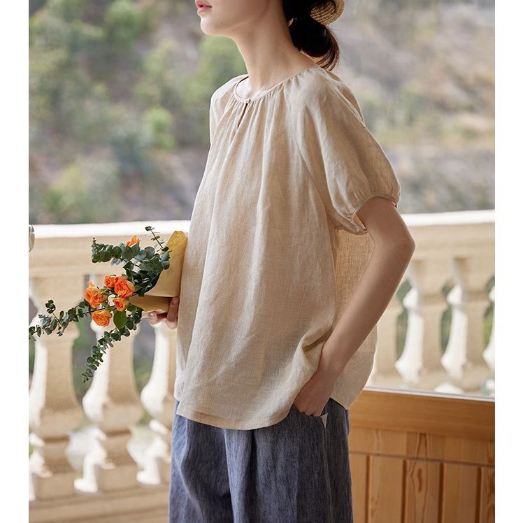 Shuwan Age-Reducing Elegant Yarn-Dyed Fine Plaid Linen Top Loose Short-Sleeved T-Shirt Women's Koran 2025 Summer Shirt