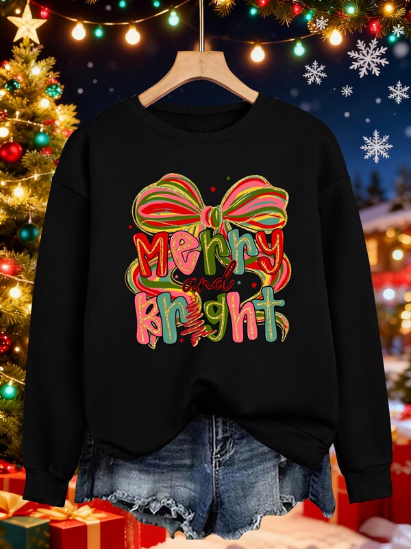 Merry Christmas and Bright Bow Design Sweatshirts Women Street Autumn Pullover Loose Casual Sportswear