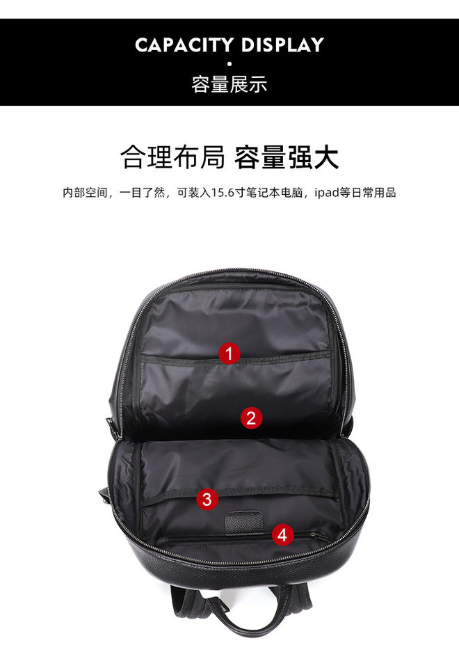 Ba lô da bò lớp đầu cho nam, kiểu dáng tối giản, đa chức năng, ngăn laptop 15 inch — Màu đen chi tiết 9
