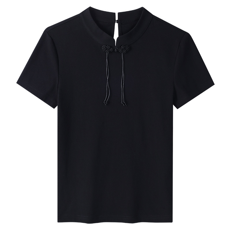Nueva camiseta china de mangas cortas para mujeres 2025 nueva camiseta de algodón negro de cuello de hebilla de diseño de camiseta de bordilla