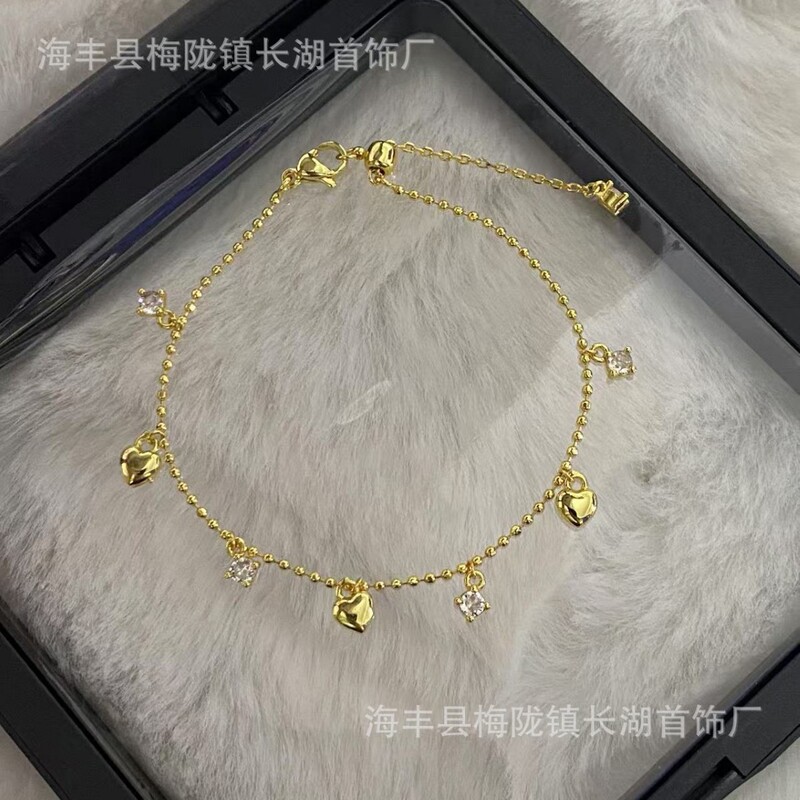 Gold-plated round bead chain bracelet hanging small love small square diamond embellishment girls high value student party minority design sense