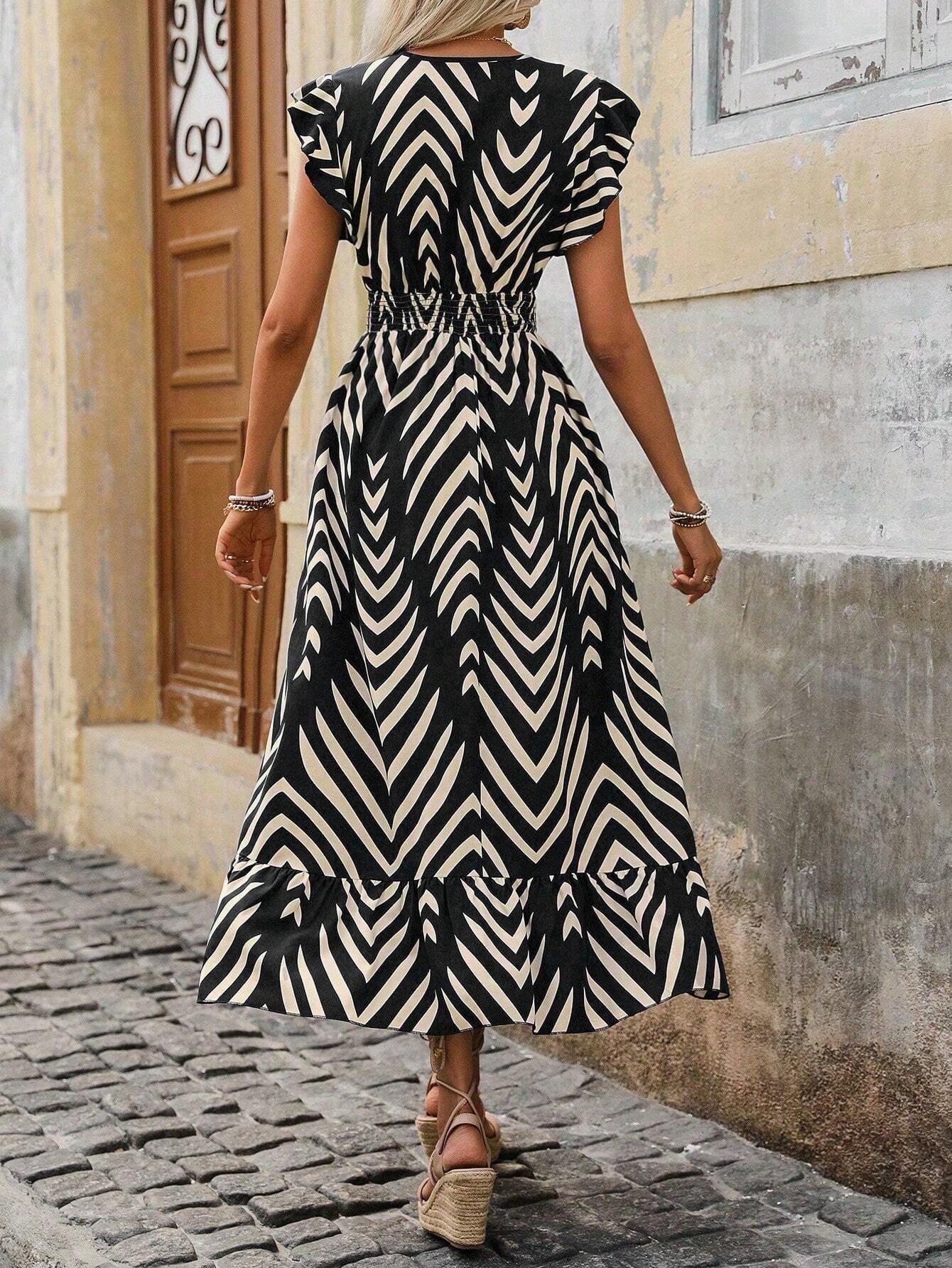 European American Foreign Trade Clothing 2024 Women's Summer Elegant Style Printed Short Sleeve Dress With Tie_ecoleips.com