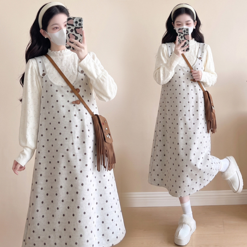 New maternity wear for autumn and winter, stylish maternity dress set, woolen skirt, suspender skirt, autumn two-piece set, trendy New maternity wear for autumn and winter, stylish maternity dress set, woolen skirt, suspender skirt, autumn two-piece set, trendy