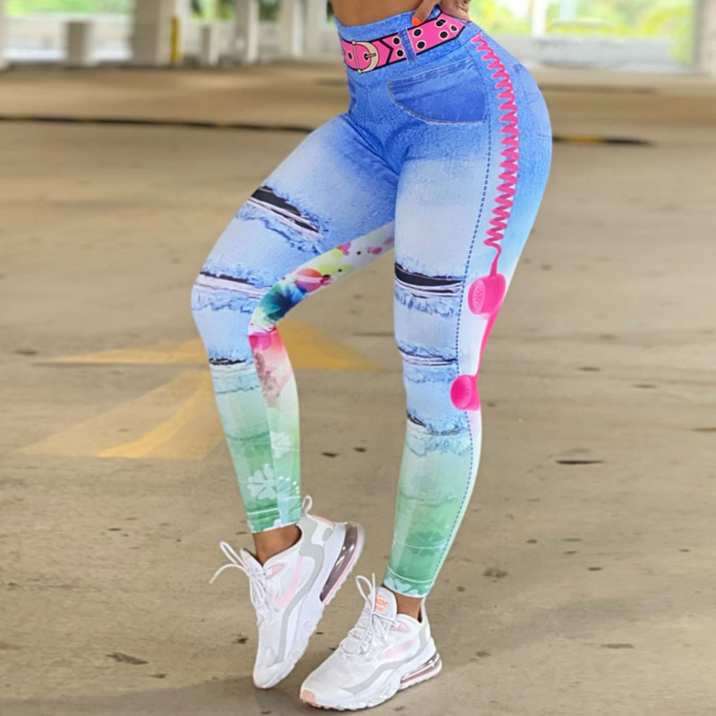 Internet celebrity colorful Denim nude yoga pants Women's European and American high waist hip lifting Peach Hip sports running fitness pants Internet celebrity colorful Denim nude yoga pants Women's European and American high waist hip lifting Peach Hip sports running fitness pants