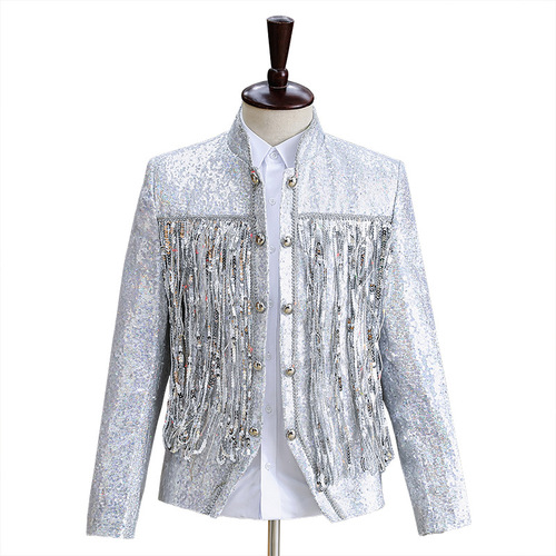 Men's silver sequins jazz dance coats male singer bang performance jackets host choir stage performance chorus sequins bar handsome suit jacket for man