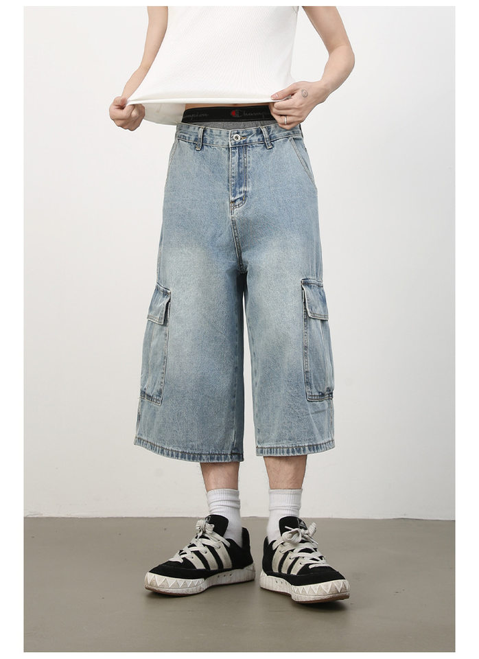 Quần short jean nam ống rộng nhiều túi phong cách hip-hop đường phố, quần lửng mùa hè — Màu xanh lam, Xanh lam làm cũ, Xanh lam nhạt chi tiết 17
