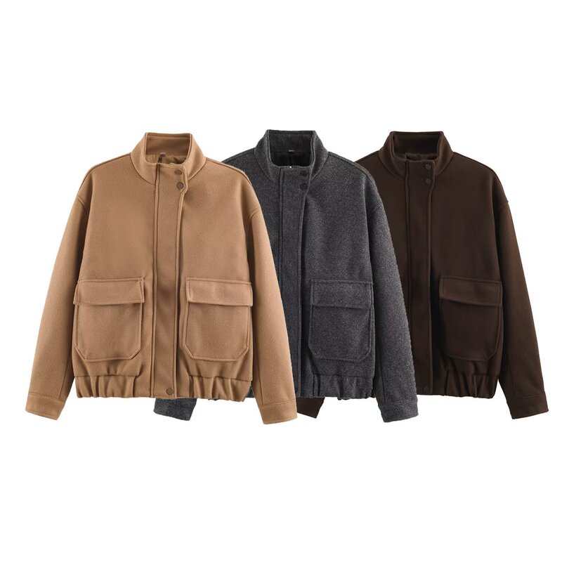 Taop&Za Women's 2026 Summer New Style Simple, Loose and Comfortable Three-Color Stand-Up Collar Zippered Woolen Long-Sleeved Jacket
