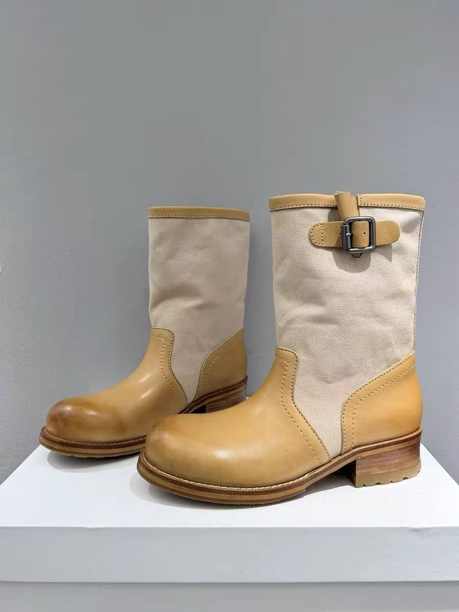 4cm Lift Buckle Detail Round Toe Chunky Heel Riding Boots For Women - Stackable Mid-Calf Boots Distinctive Buckle Accent_vogvips.com