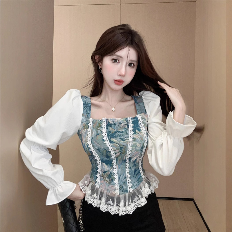 Square Collar Splicing Shirt Long-Sleeved Sweater for Women Spring New Sweet Floral Slim Slim Short Top Women's Clothing