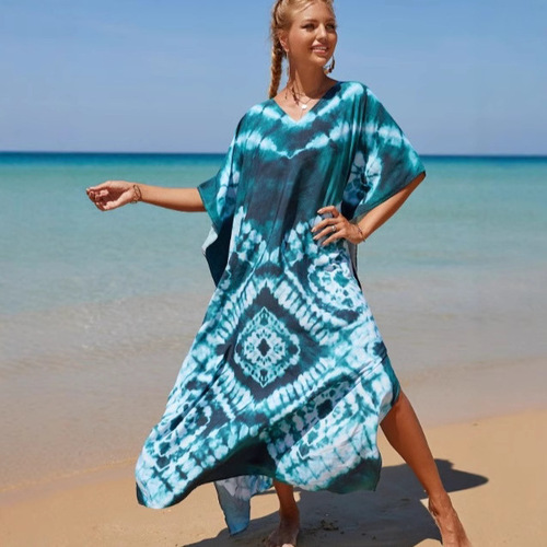2025 Western and European Fashion Print Bali Beach Dress Gown Style Coastal Vacation Sun Protection Leisure Style