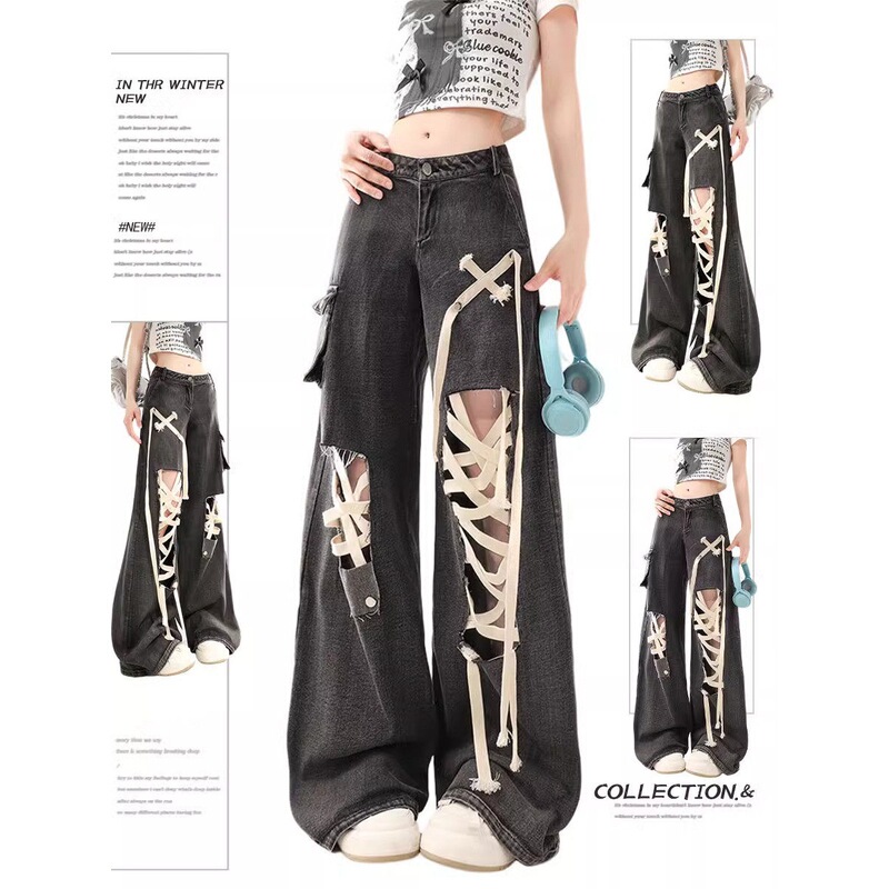 Plus-Size Black Ripped Jeans with Straps for Women, Summer Design, High-Waisted, Straight-Leg, Loose Wide-Leg Pants Plus-Size Black Ripped Jeans with Straps for Women, Summer Design, High-Waisted, Straight-Leg, Loose Wide-Leg Pants