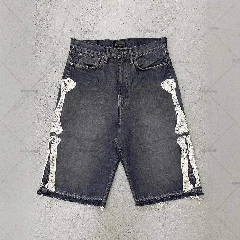 Cross-Border European and American Trendy Brand Embroidered Denim Shorts for Men, High Street Retro Bone Embroidery Loose Casual Mid-Length Shorts
