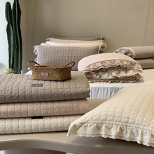 韩国大鹅极简纯色双面全棉绗缝夹棉床盖三件套搭配棉麻花边春秋被