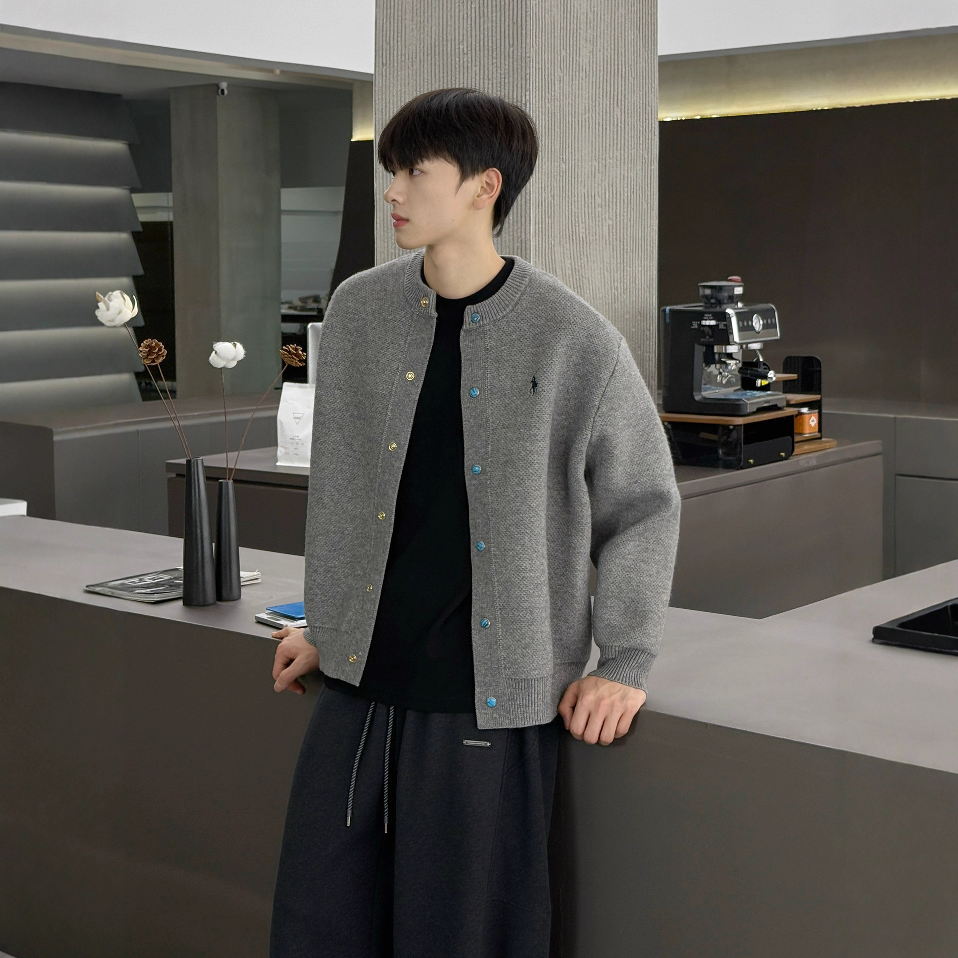 2025 New Simple Knitted Cardigan Jacket Men's Spring Tops Trendy Men's Turquoise Sweater Jacket Men's Spring and Autumn