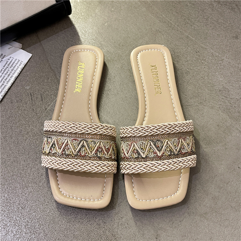 Strandslippers Dames S Buitenkleding Zomer Nieuw Buitenlandse Handel Grote Maat Net Rood Platte Bodem Borduurwerk Mode Zacht Woord Sandalen_voghion.com