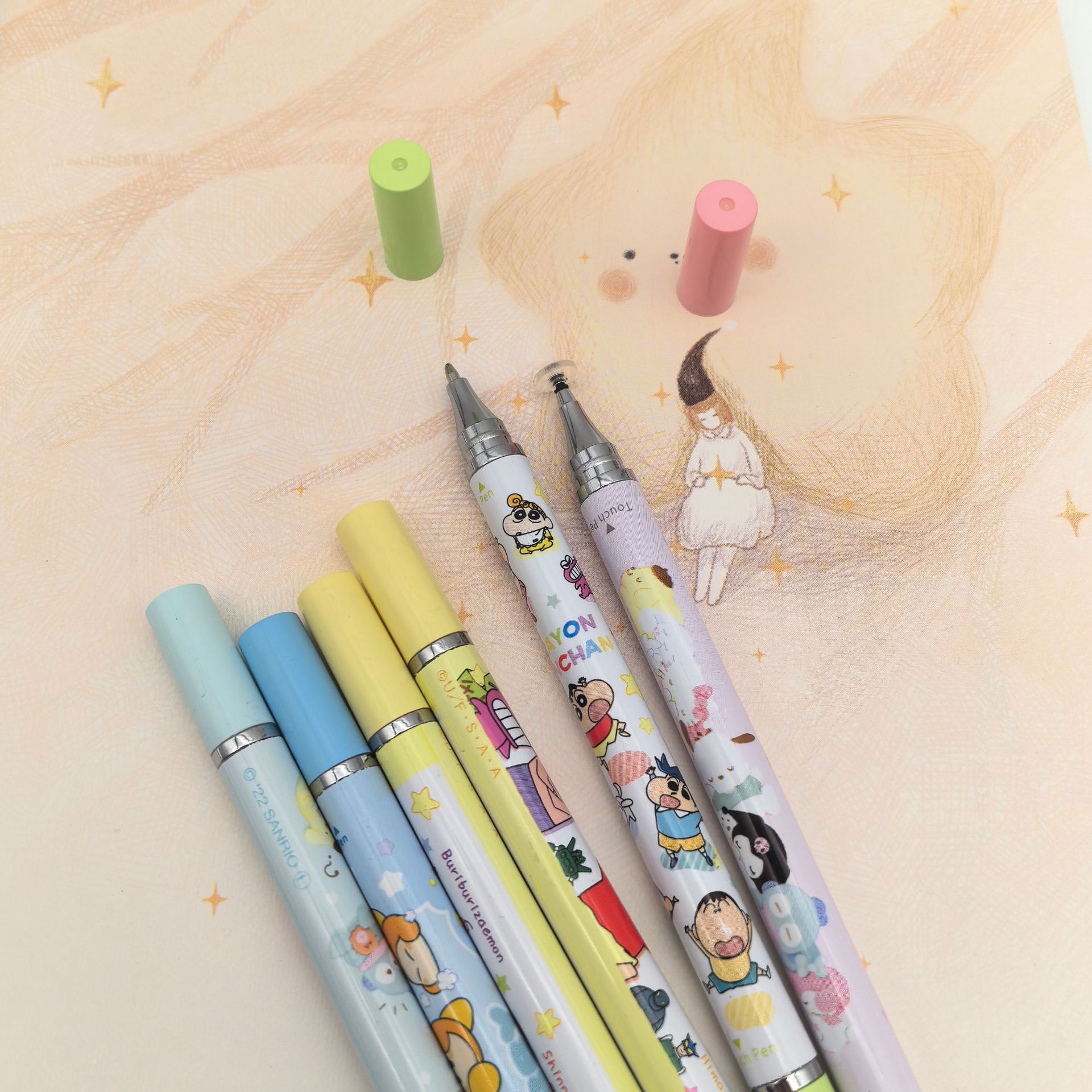 Patrón de dibujos animados personalizado doble cabeza lápiz de disco plástico ventosa lápiz de transferencia térmica publicitaria lápiz de pantalla táctil de capacitancia