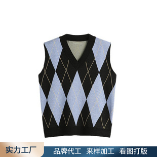 Men's Wool Sweater Shirt Men's Rhombus Jacquard Vest Sweater Knitwear Vest Wool Cardigan