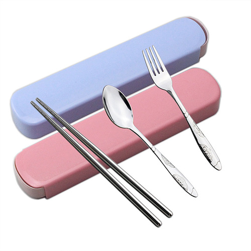 Stainless steel portable cutlery set including fork, spoon, and chopsticks, three-piece set for students, gift set available with logo printing