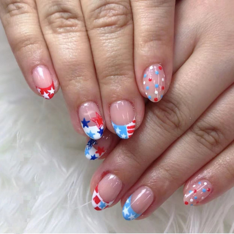 Short Square Oval French Five-pointed Star Polka Dot Design Finished Fake Nail Pressing Nail Pieces American Independence Day Nail Paste Short Square Oval French Five-pointed Star Polka Dot Design Finished Fake Nail Pressing Nail Pieces American Independence Day Nail Paste