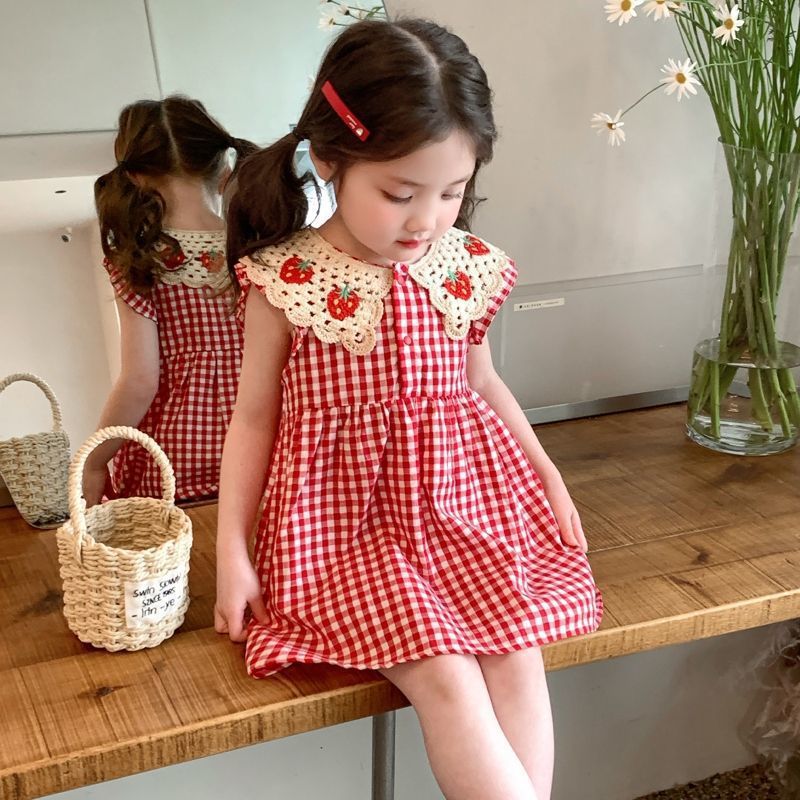 Girls' Summer Plaid Dress 2026 New Stylish Fashionable Strawberry Polo Dress Sweet Dress for Little Girls