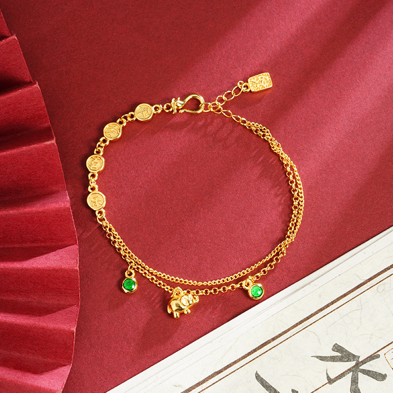 Guochao vietnamita pulsera de oro de arena lujoso pequeño elefante temperamento tarjeta redonda Ping An alegría pulsera joyas de alta calidad al por mayor
