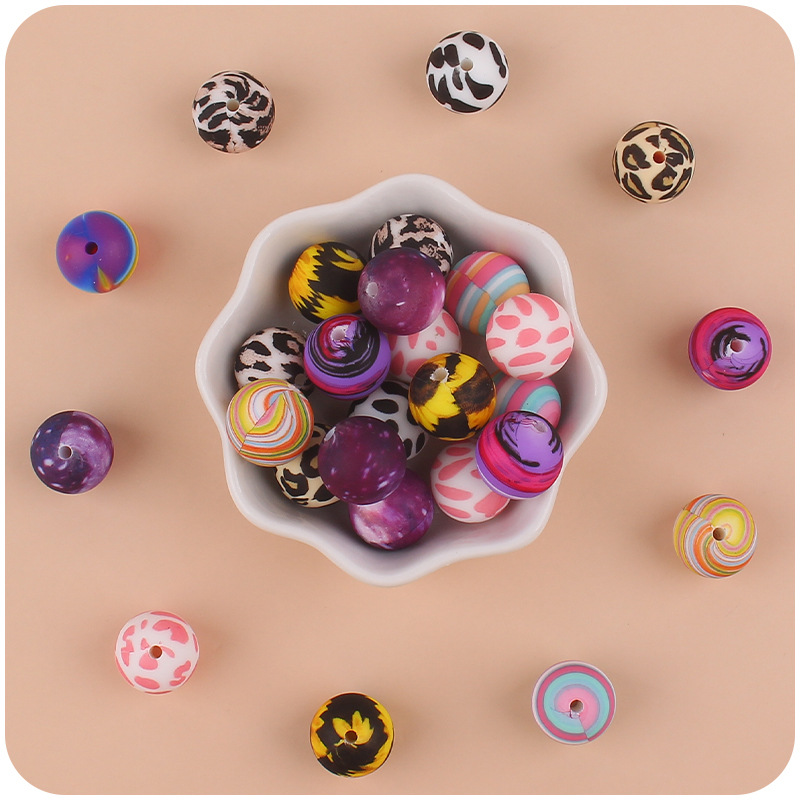 15mm leopardo pétalo color cuentas de transferencia de agua granos de silicona de calidad alimentaria DIY joyería chupete cadena teether pulsera