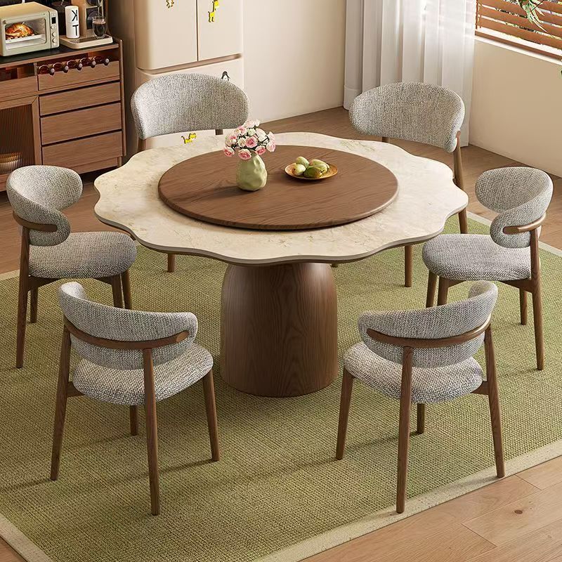 Mid-century style petal-shaped rock slab round dining table and chair set, suitable for small apartments, living rooms, and home use; round table with a rotating tray Mid-century style petal-shaped rock slab round dining table and chair set, suitable for small apartments, living rooms, and home use; round table with a rotating tray