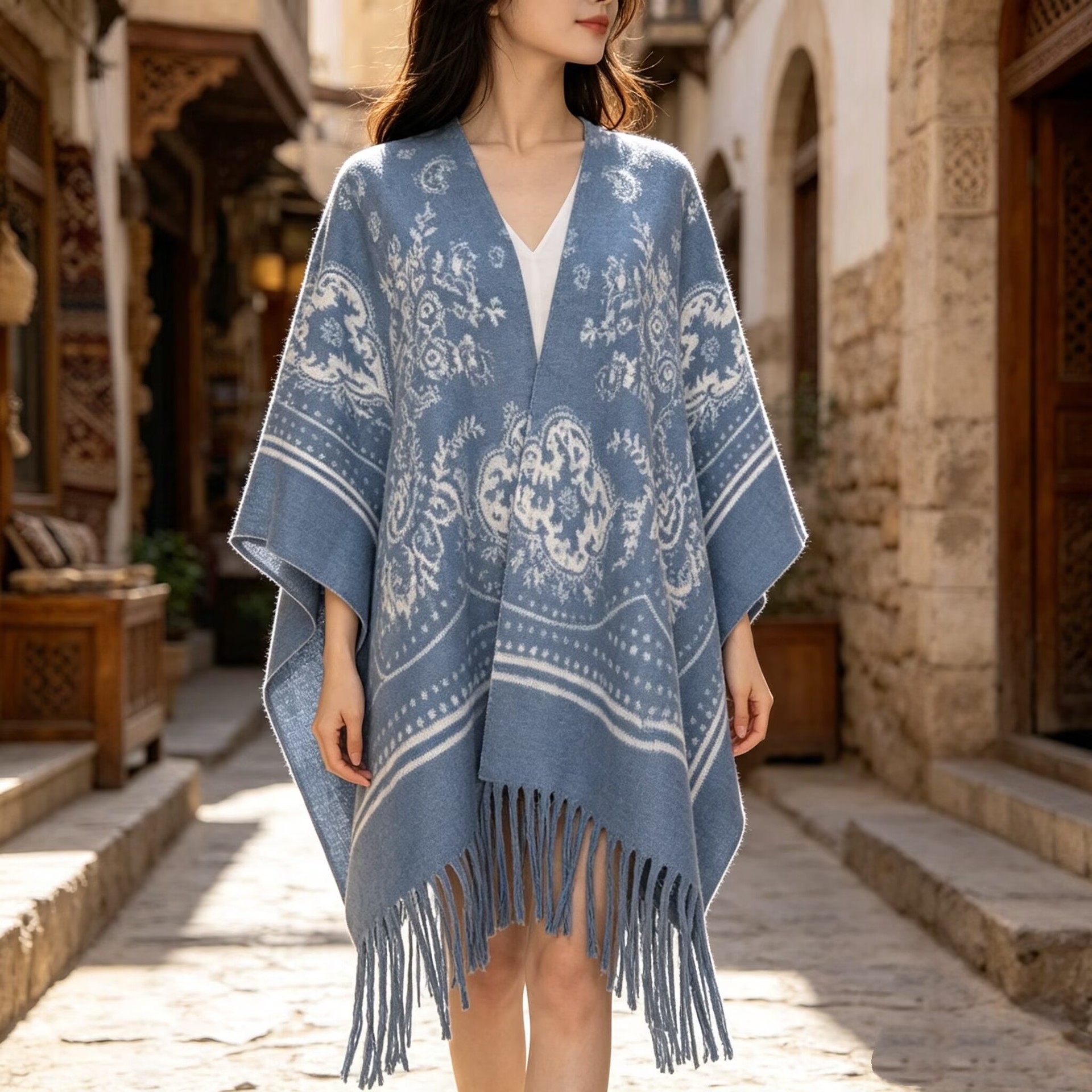 Blue ethnic-style shawl for women, suitable for spring and autumn, warm fringed cape with a high-end feel, perfect for Yunnan travel outfits