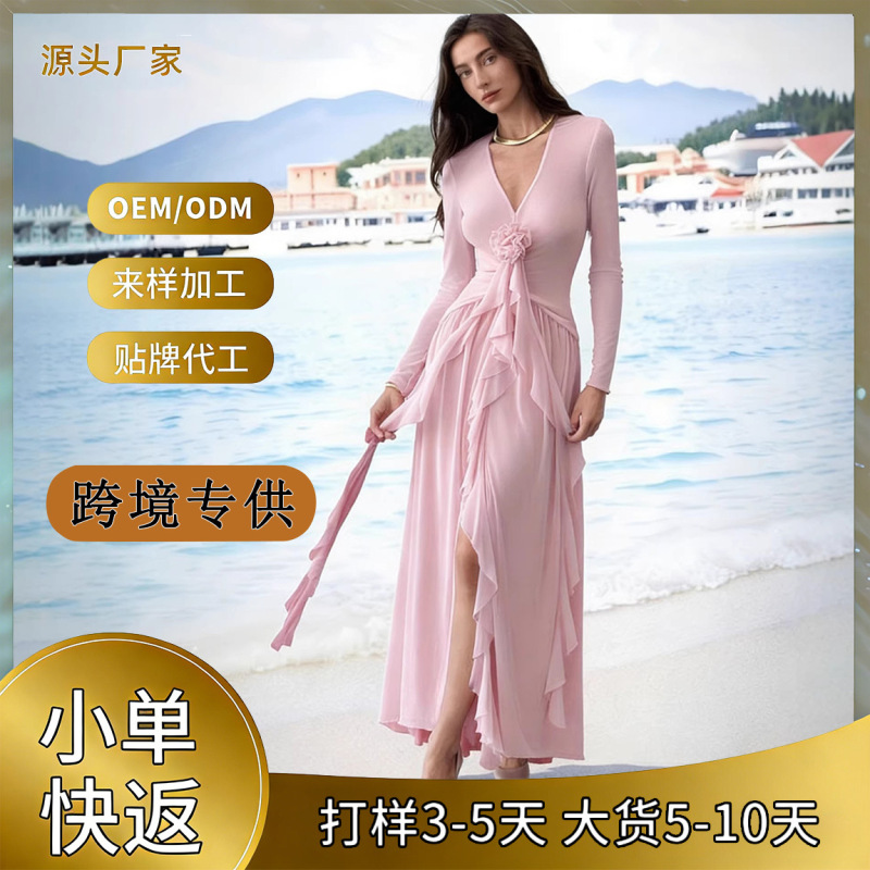 Cross-Border Supply of European and American Women's Clothing, New Pleated Mesh Dress with Rose Design, V-Neck Slit Gown, Gentle and Elegant