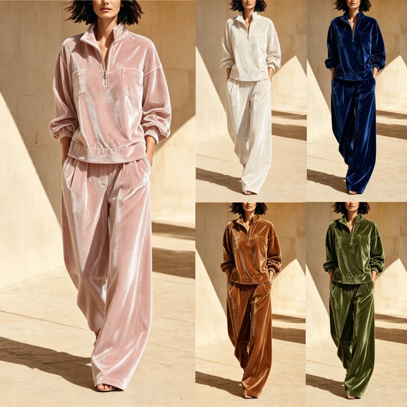 2026 European and American Women's Clothing Amazon Independent Website Autumn/Winter New Casual Fashion Velvet Long Sleeve Long Pants Set