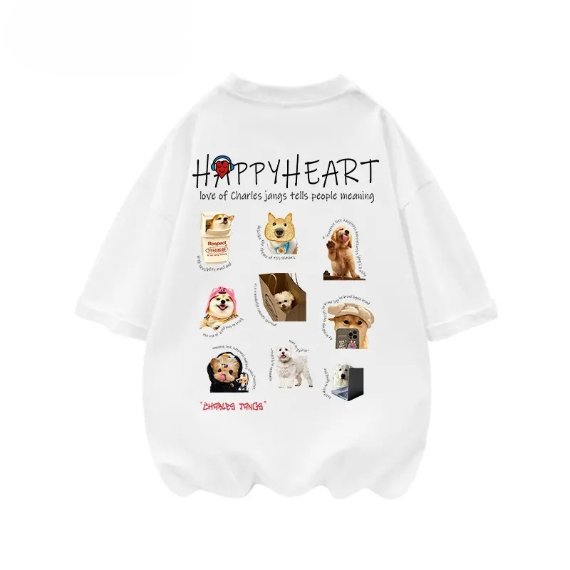 跨境查尔斯桃心印花短袖圆领恤男款情侣百搭