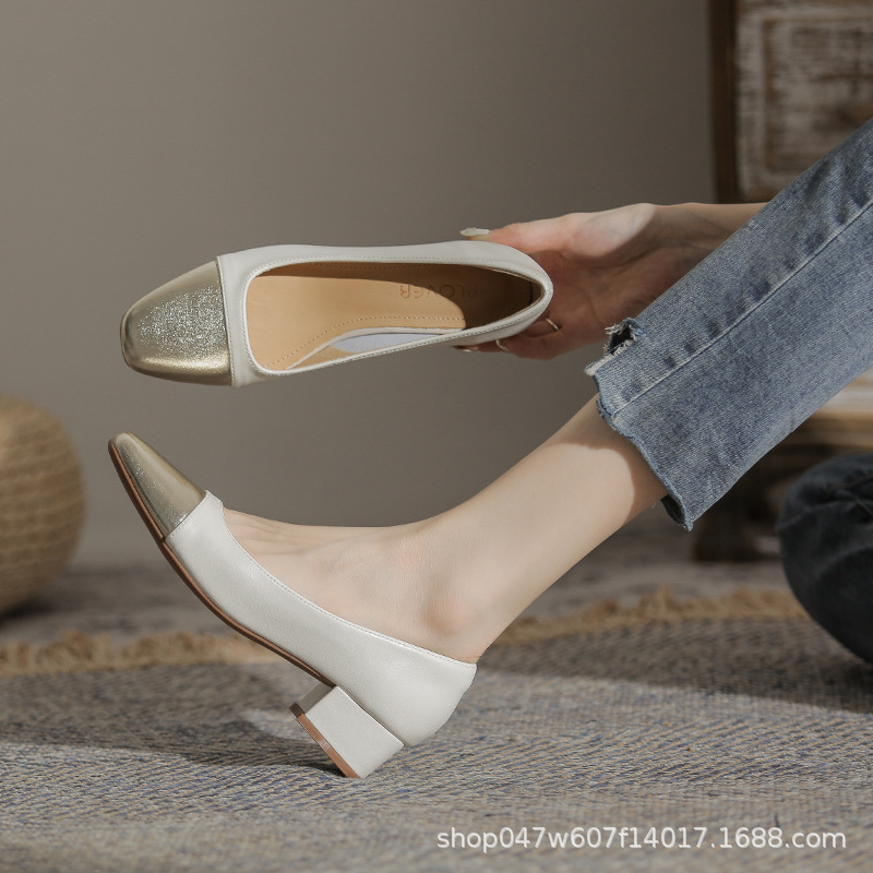 U5588-Aa Gold-Colored Cowhide Chunky Heel Single Shoes for Women 2026 New Versatile Mid-Heel Fashion Chanel-Style Women's Shoes U5588-Aa Gold-Colored Cowhide Chunky Heel Single Shoes for Women 2026 New Versatile Mid-Heel Fashion Chanel-Style Women's Shoes