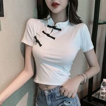 中国风复古盘扣性感短款露脐旗袍上衣女2025夏装短袖T恤打底衫潮