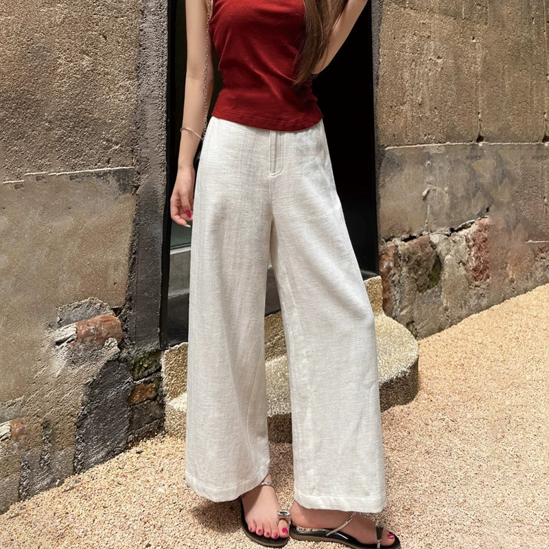 Белые винтажные льняные широкие брюки для женщин, летние тонкие свободные брюки миниатюрного размера, повседневные укороченные брюки из хлопка и льна из рами