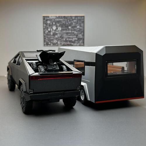 Chezhi alloy car model 1:32 Tesla pickup trailer RV sound and light pull back toy car music model ornaments