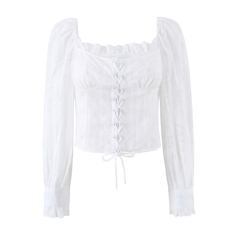 2026 Spring Ins Women's Lace Trim Tie-Waist Square-Neck Long-Sleeve Shirt 7769 2026 Spring Ins Women's Lace Trim Tie-Waist Square-Neck Long-Sleeve Shirt 7769