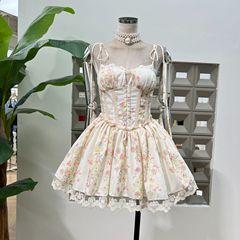 Amazon 2025 春夏新作フレンチプリントレースショルダーストラップレースガールスイートウエストドレス
