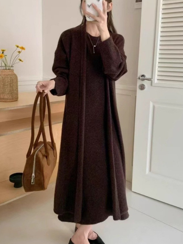 法式优雅跨境针织连衣裙两件套秋冬新款小个子长款开衫毛衣裙套装|undefined