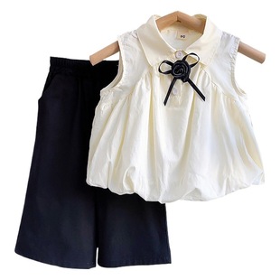 Girls' French Style Chanel Style Suit Summer New Style Flower Bud Sleeveless Shirt Two-piece Set with Bow AXA355